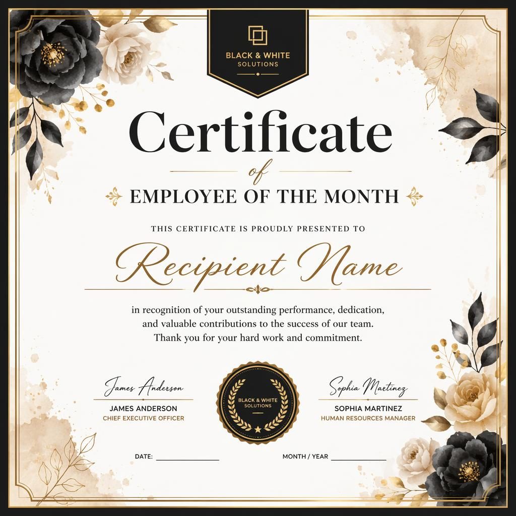 Landscape A4 employee of the month certificate template in black, white, and gold with floral border, signature lines, and seal