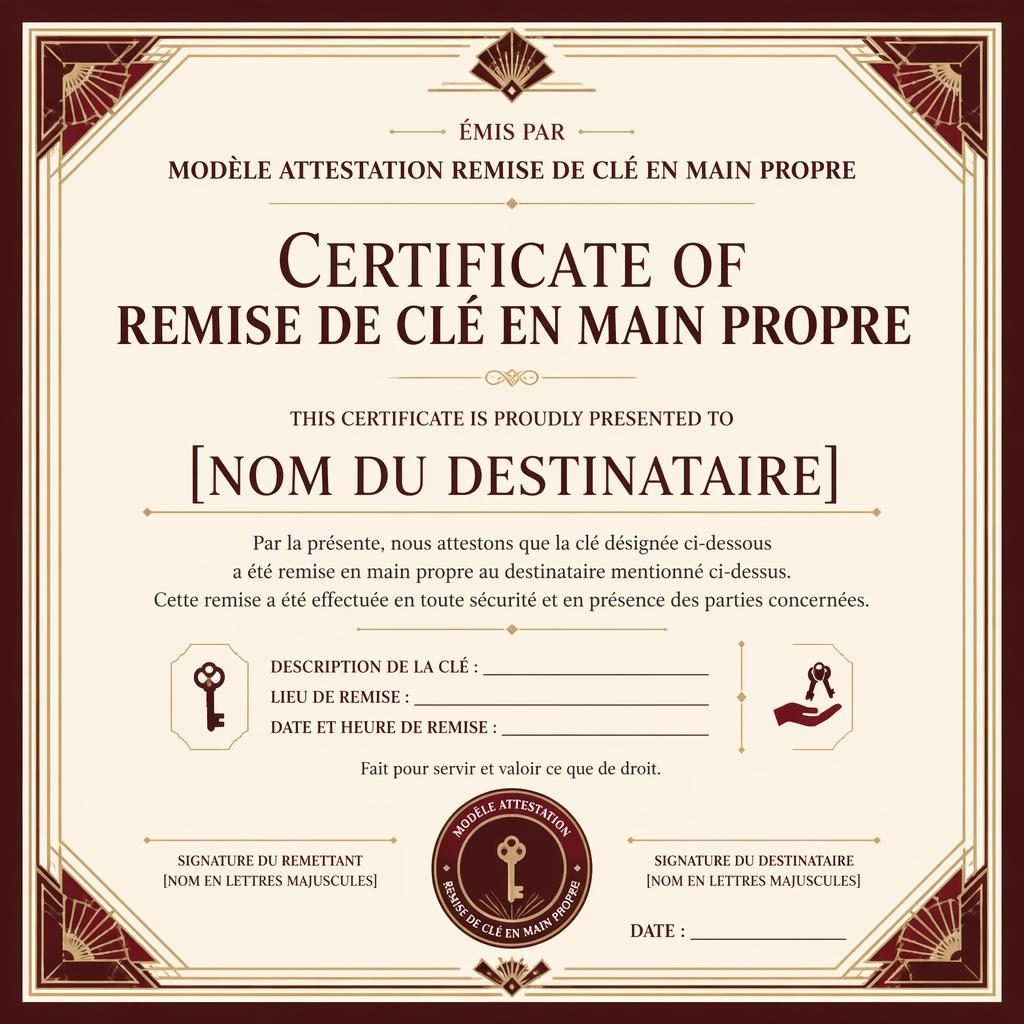 Certificat horizontal A4 art déco bordeaux avec bordure classique, titre central, zones de nom, signature, date et sceau.