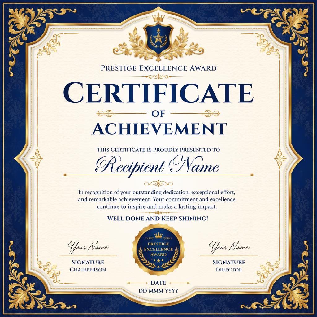 Landscape A4 certificate template with ornate blue and gold border, centered award heading, signature lines, date, and seal.