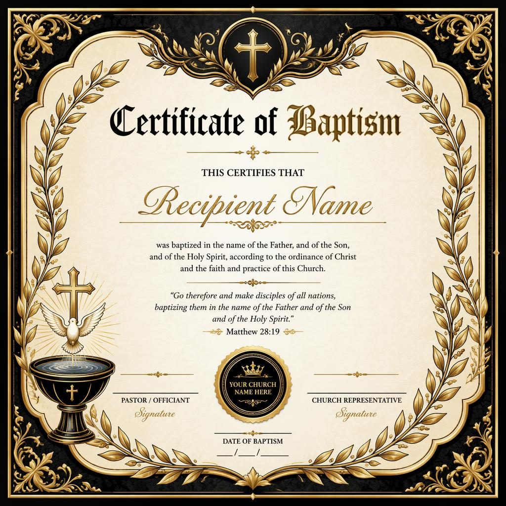 Landscape A4 certificate template with black and gold medieval border, laurel wreath, heading, signature lines, date and seal.