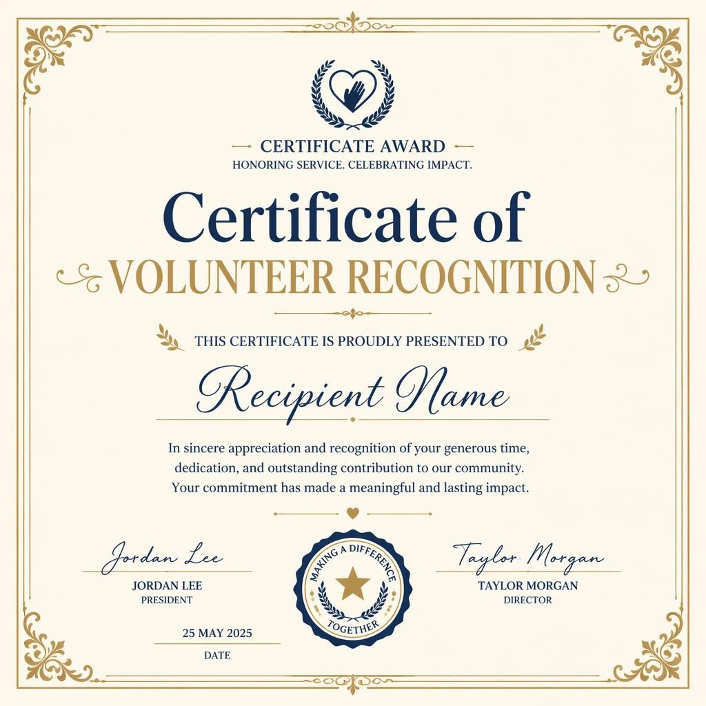 Landscape A4 volunteer recognition certificate award template with ornate thin border in cream, gold, and navy, heading, name, signature lines, date, and seal.