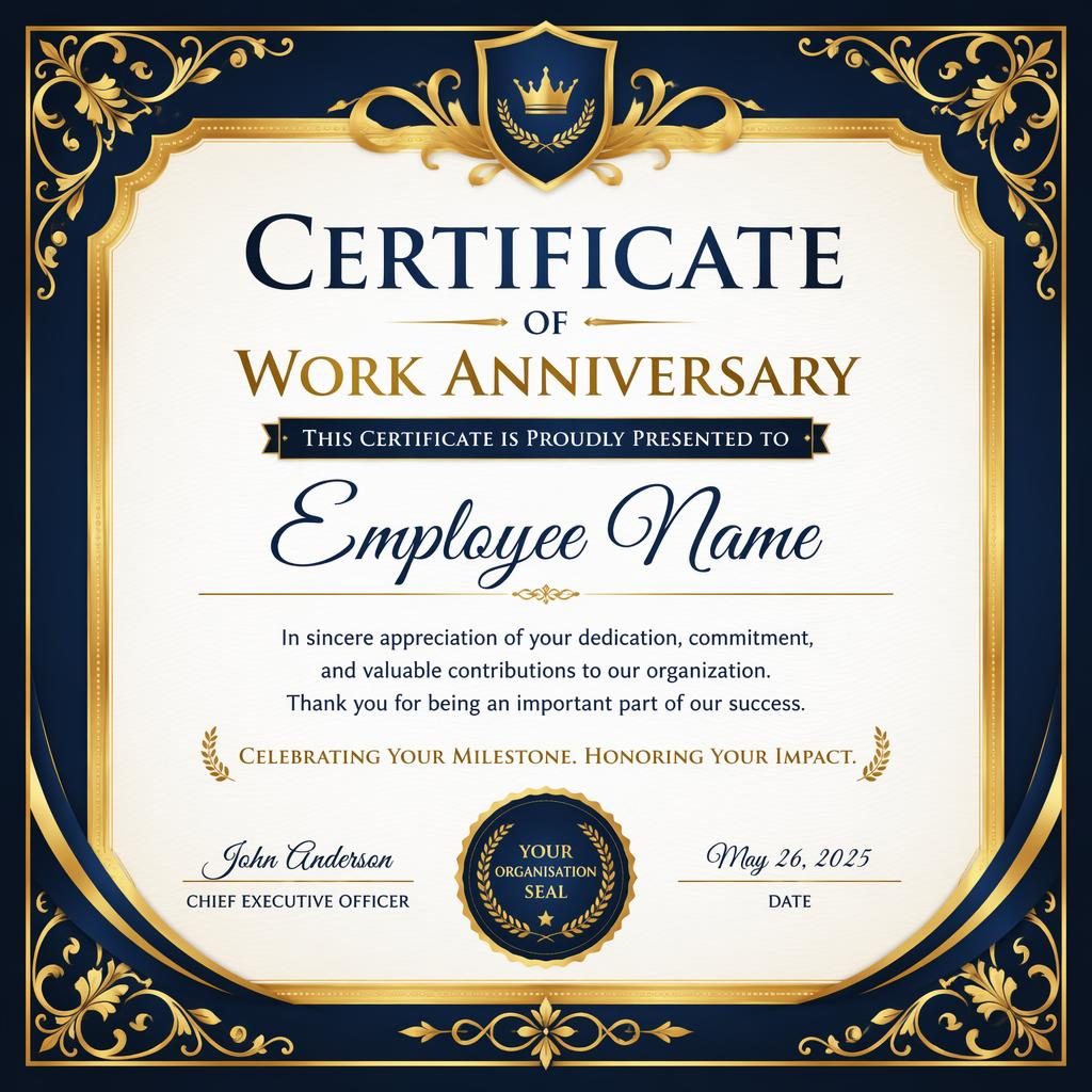Landscape A4 gift voucher certificate template with black, royal blue and gold frame, heading, name, signature lines and seal