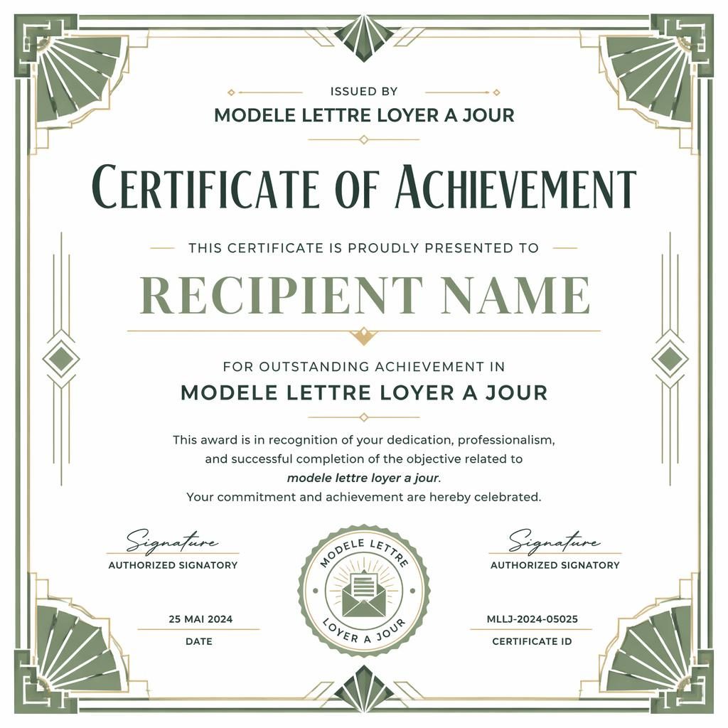 Modèle de certificat A4 paysage art déco blanc et sauge, bordure géométrique, titre central, signature et date