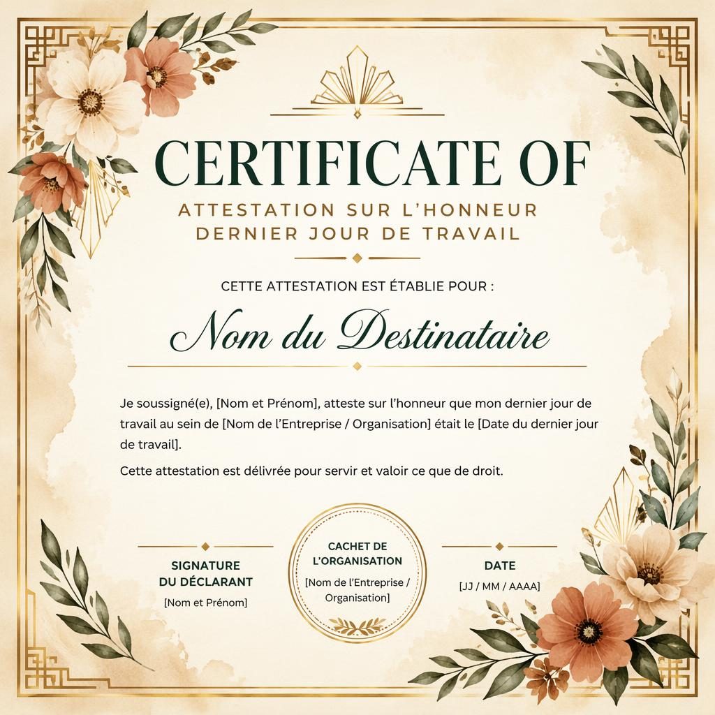 Modèle de certificat de formation paysage A4, style art déco, bordure florale aquarelle, palette terre chaude, zones signature et date.