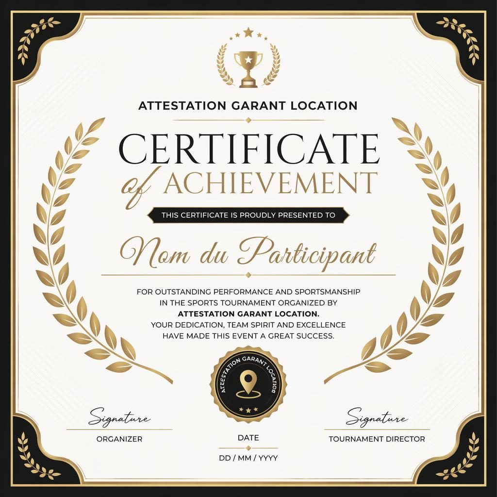 Modèle de certificat paysage A4 noir et or, style minimal avec couronne de laurier, signature, date et sceau.