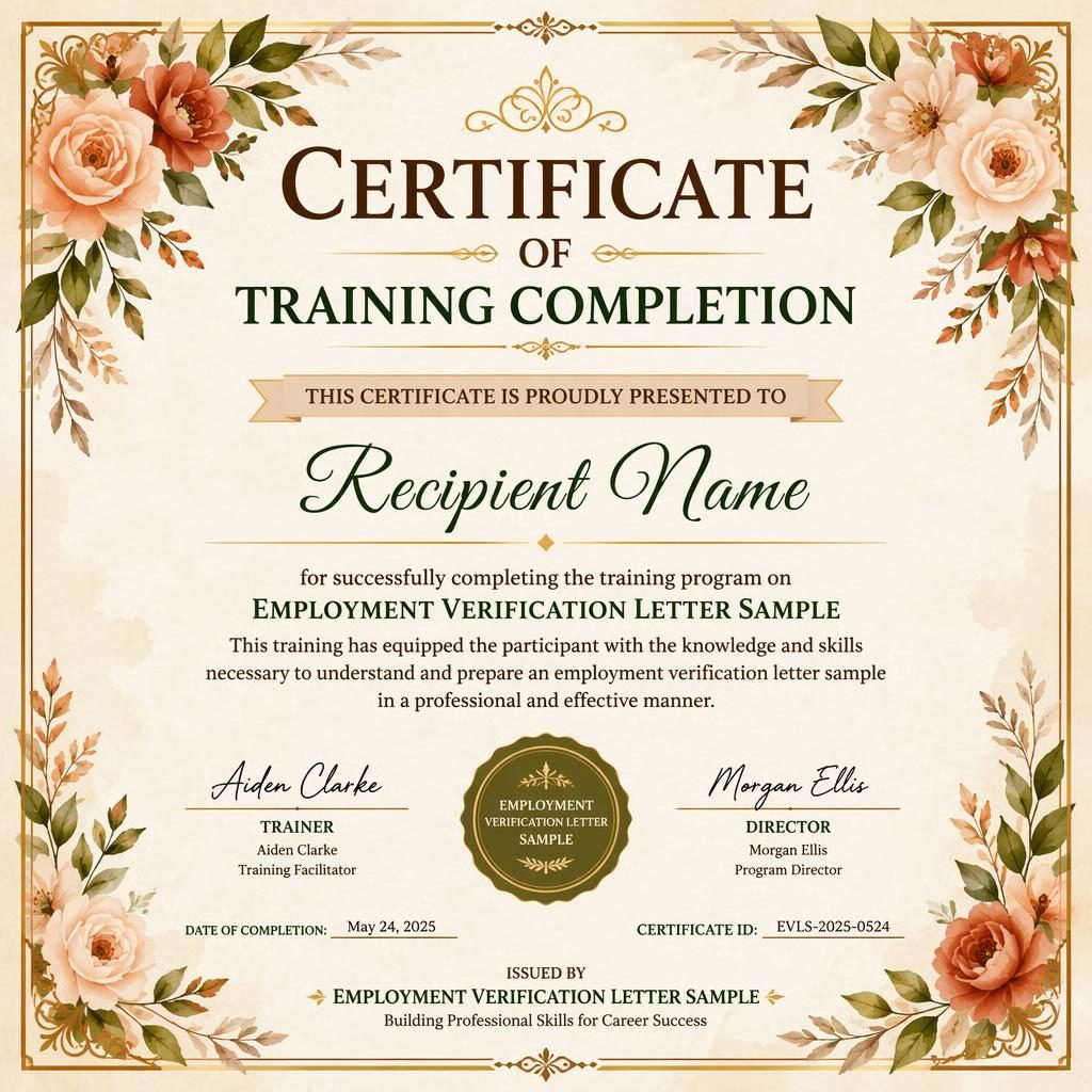 Classic ornate training completion certificate template with floral watercolor border, signature lines, date, and seal.