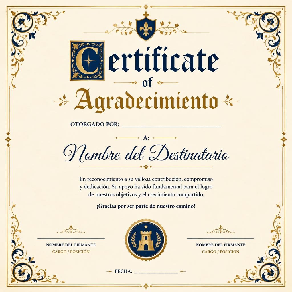 Plantilla de certificado horizontal A4 con marco fino, tonos crema, oro y azul marino, texto central y líneas de firma.