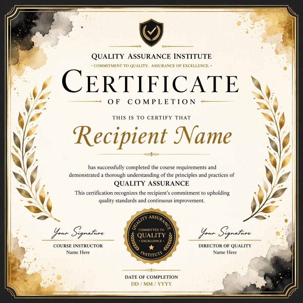Landscape A4 course completion certificate template with laurel wreath border, black and gold accents, watercolor style, signature lines and seal.