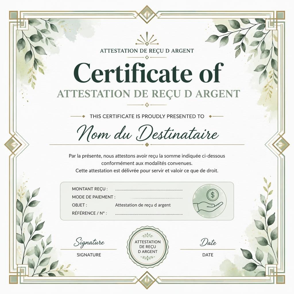 Modèle de certificat académique A4 paysage, bordure art déco vert sauge, style aquarelle, zones signature, date et sceau.