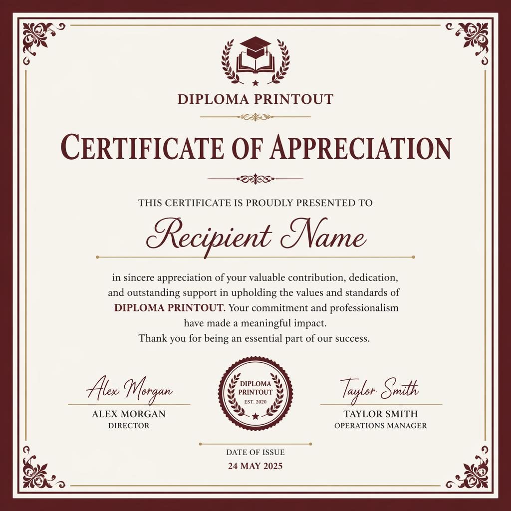 Landscape A4 appreciation certificate template with burgundy double-line border, heading, recipient placeholder, signature lines