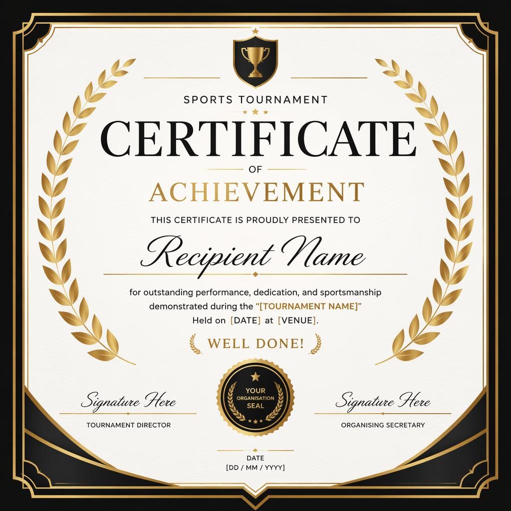 Modern minimal sports tournament certificate template in black and gold with laurel border, signature lines, date, and seal.