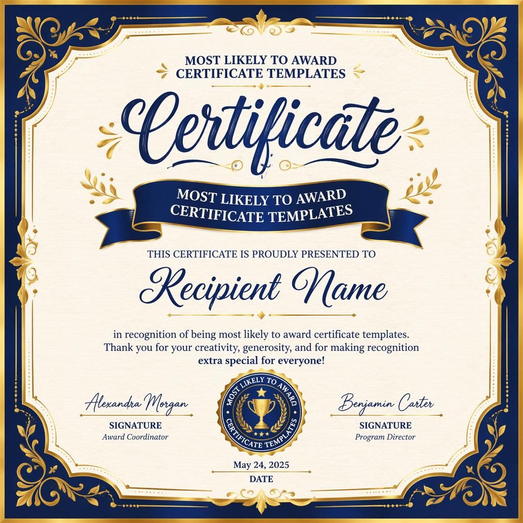 Landscape academic merit certificate template with ornate blue and gold border, formal heading, recipient text, signature lines