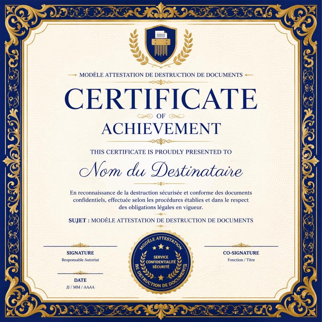 Certificat paysage A4 bleu royal et or, cadre ornemental complet, titre central, lignes de signature, date et sceau.