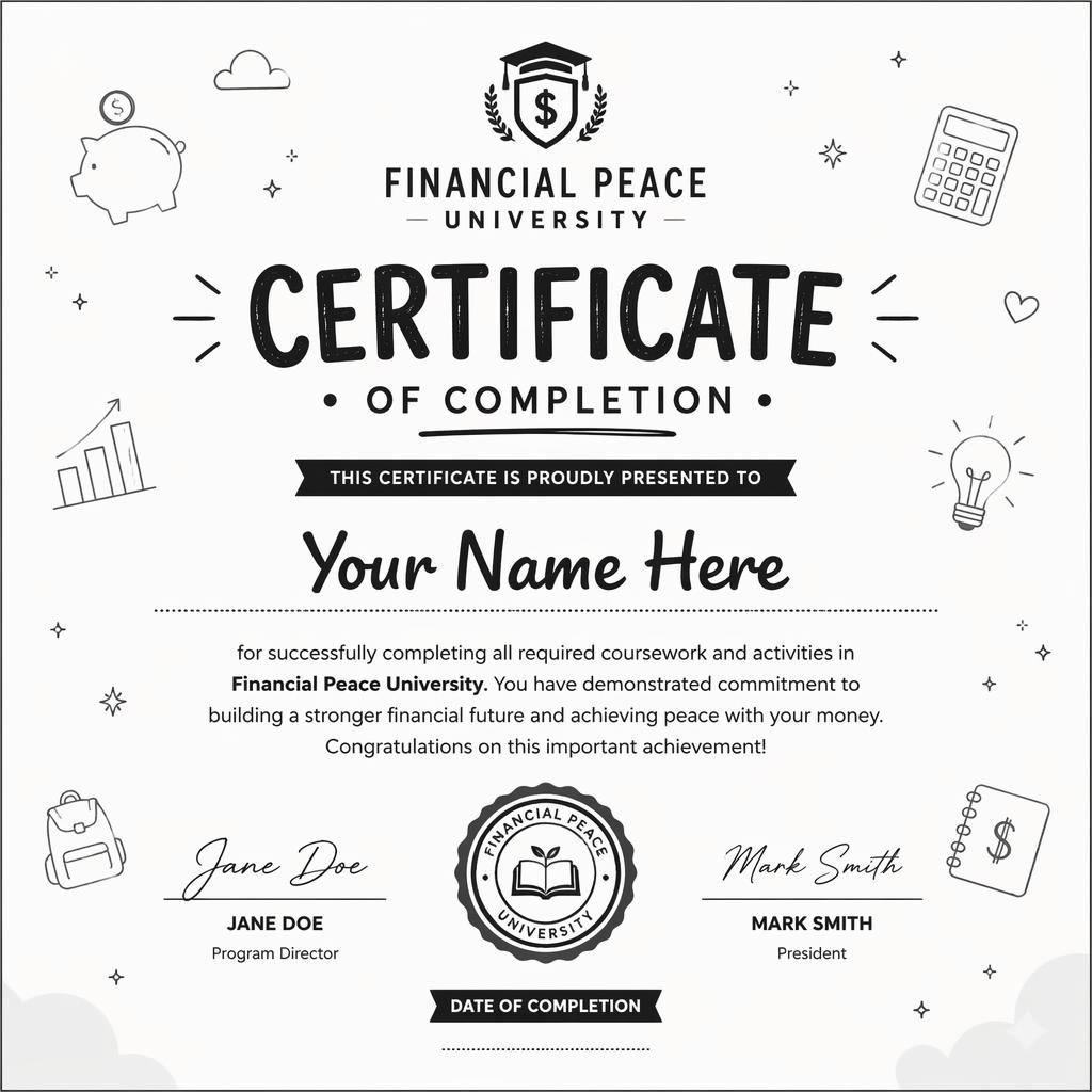 Landscape A4 participation certificate template in minimal monochrome style with heading, name, body text, signature lines, date, and seal.