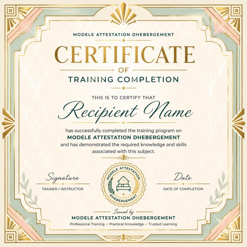 Modèle de certificat de formation art déco au format A4 paysage, bordure dorée, tons pastel, signature et date