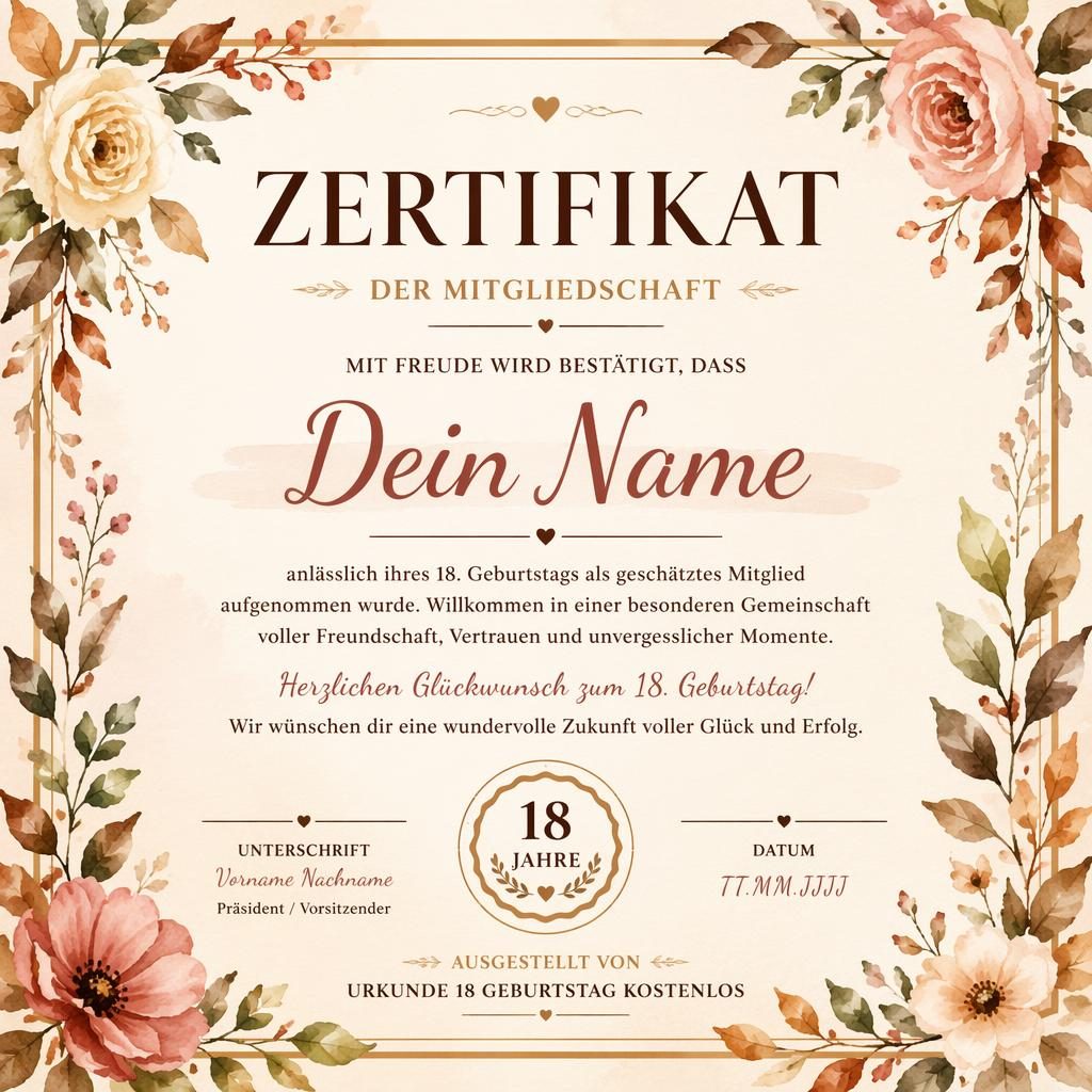 A4-Urkundenvorlage im Querformat mit floraler Aquarellbordüre, großer Überschrift, Namensfeld, Signaturzeilen und Datum