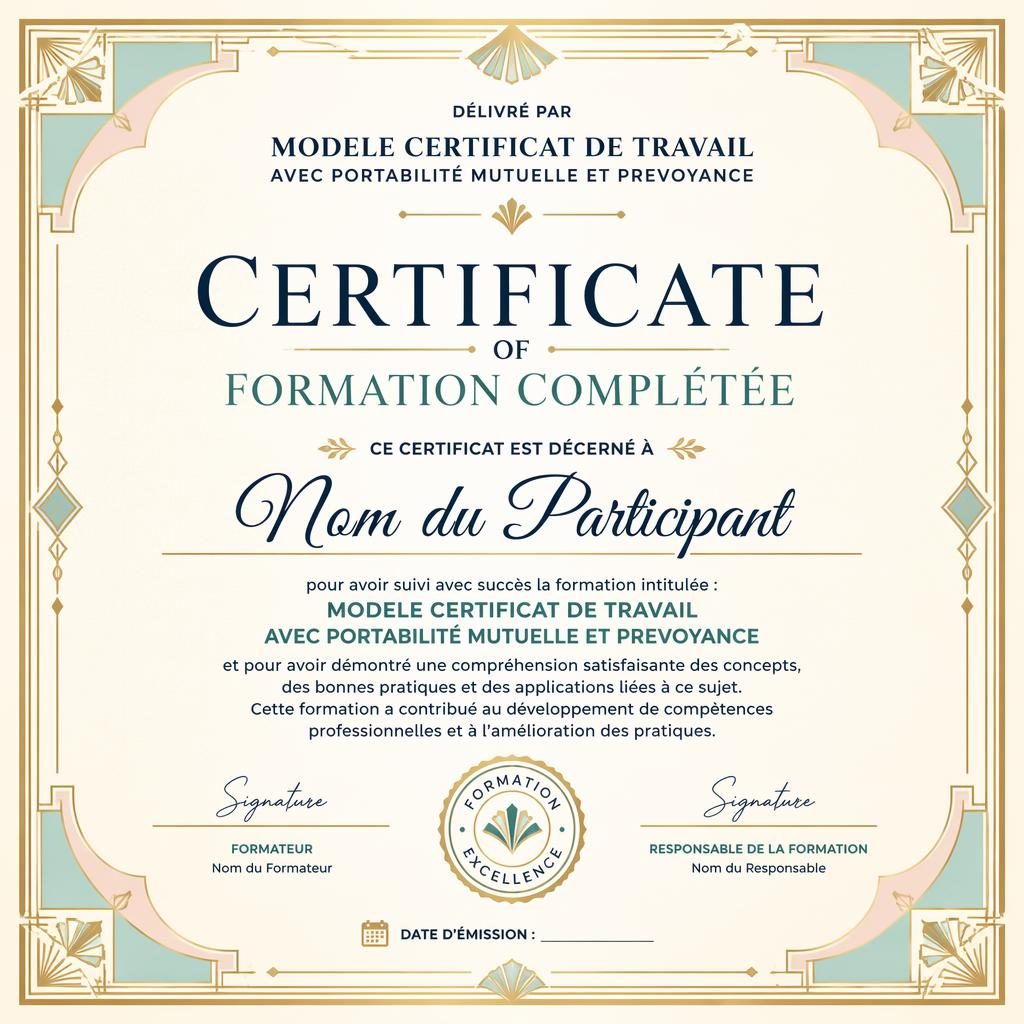 Modèle de certificat de formation art déco en paysage A4, bordure dorée, palette pastel, zones de signature et sceau.