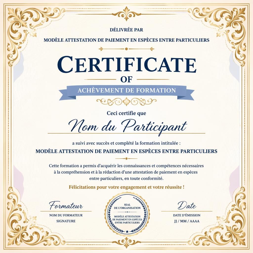 Modèle de certificat paysage A4 classique avec bordure dorée ornée, tons pastel, titre central, signature et date