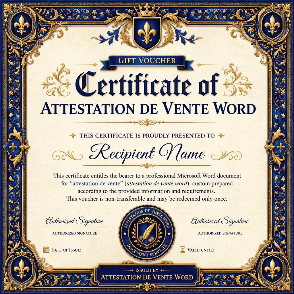 Modèle de bon cadeau A4 paysage, cadre enluminé bleu royal et or, titre central, texte, signature, date et sceau