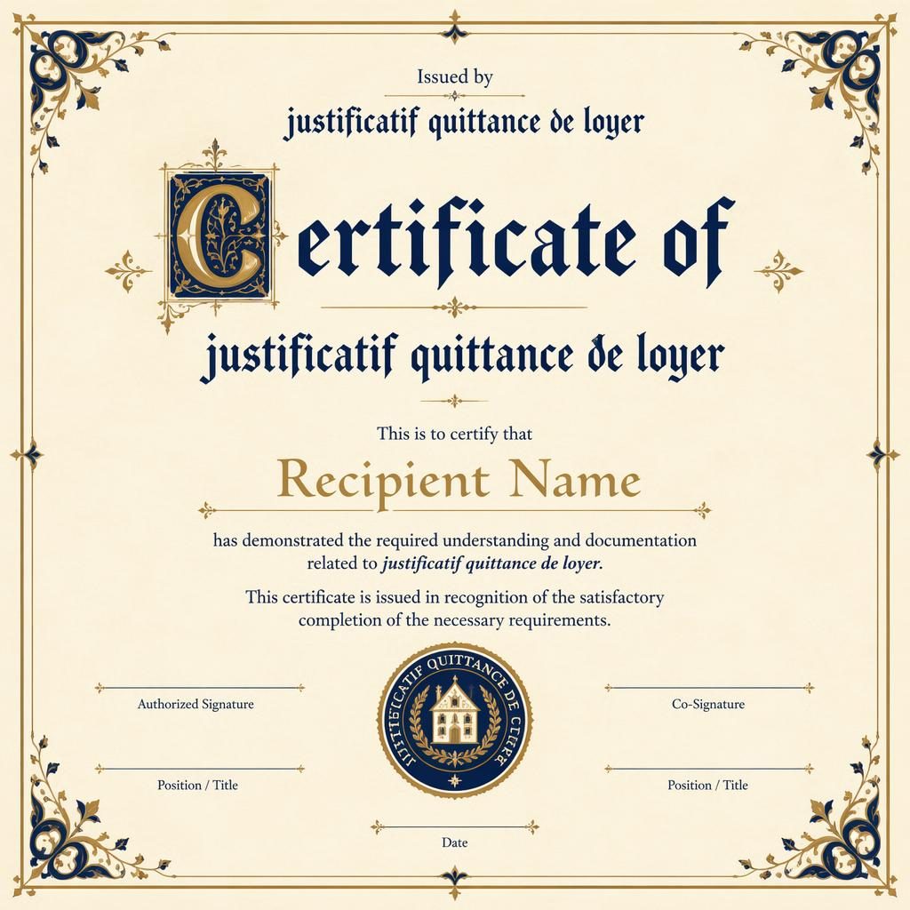 Modèle de certificat paysage A4 style enluminure médiévale, crème, or et bleu marine, avec bordure fine et zones de signature