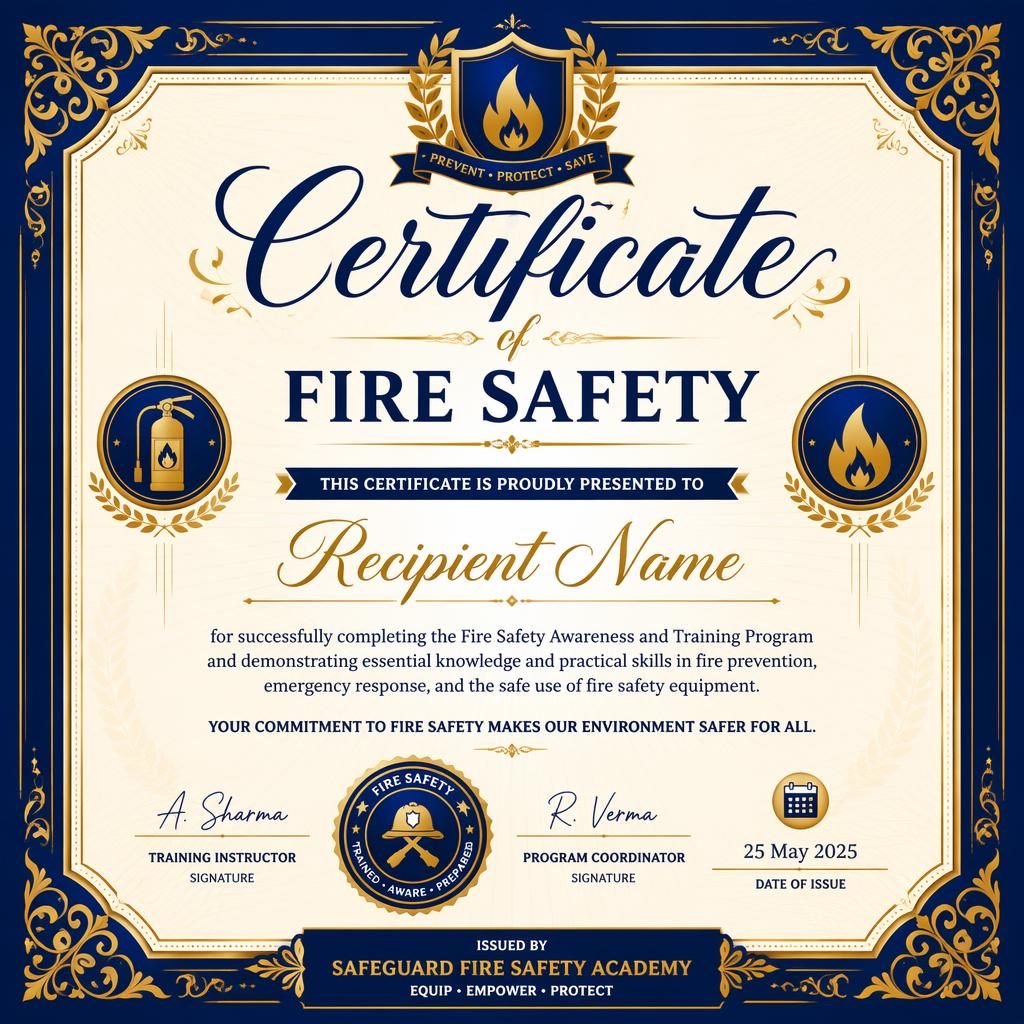 Landscape A4 academic merit certificate template with decorative blue and gold border, heading, signature lines, date, and seal.
