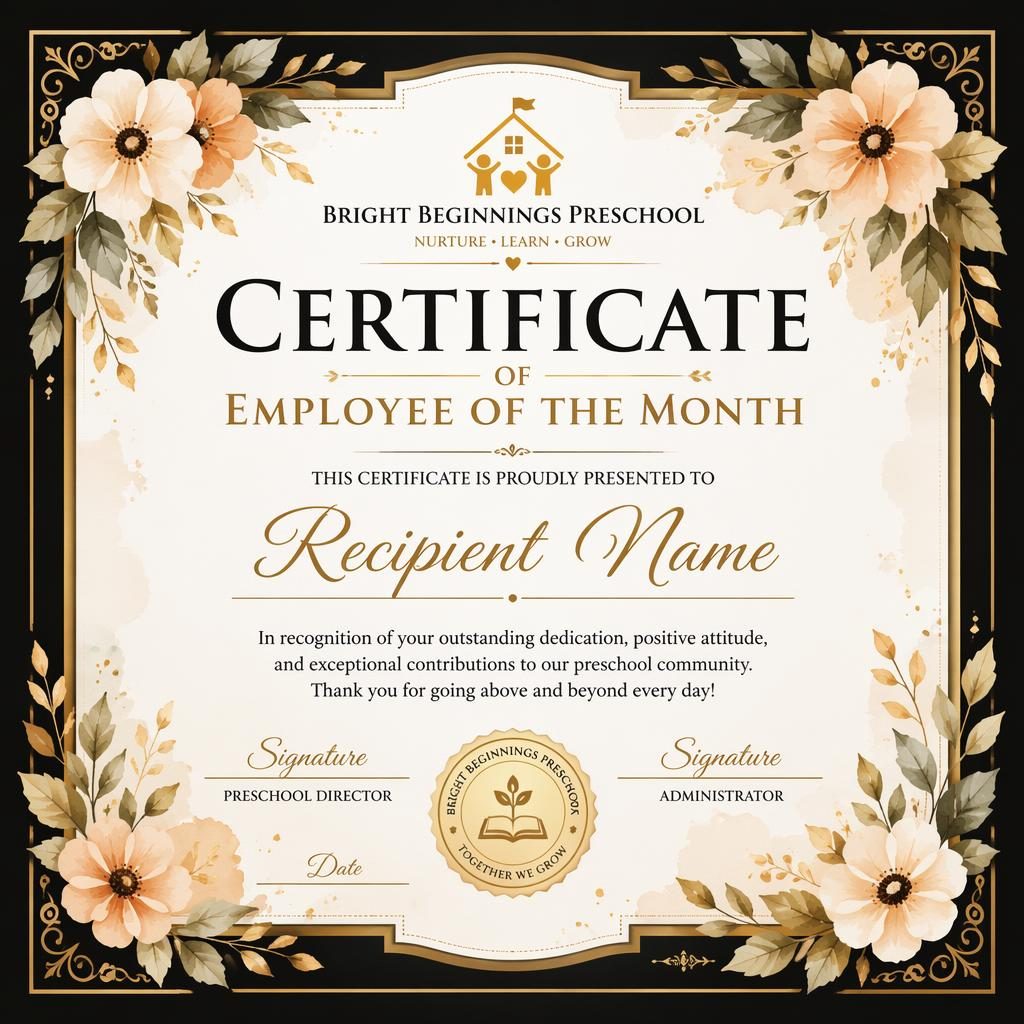 Luxury black and gold landscape A4 certificate template with floral border, heading, name, signature lines, date, and seal.