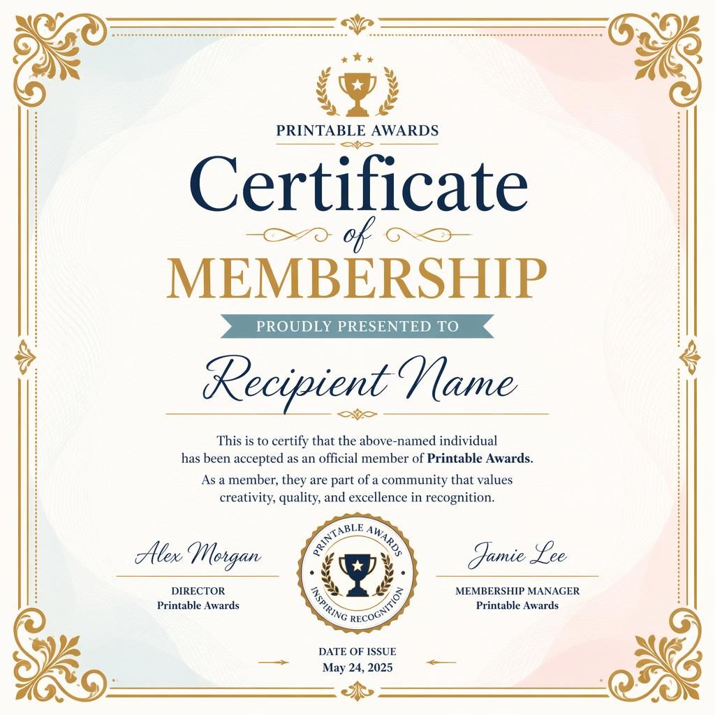 Landscape A4 membership certificate template with gold ornamental border, pastel corporate styling, heading, name, signature lines, date, and seal.