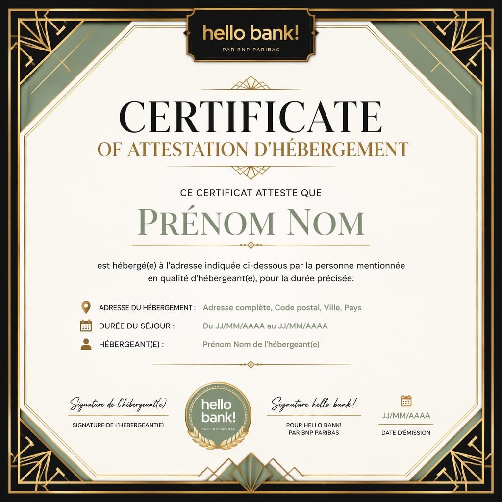Certificat cadeau A4 paysage noir et or, bordure art déco, centre épuré, lignes de signature, date et sceau.