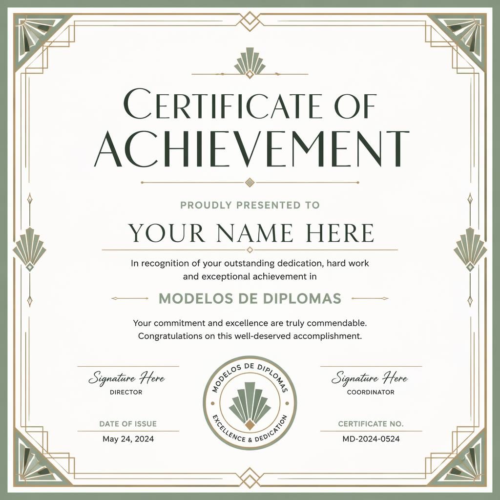 Plantilla de certificado horizontal A4 con borde geométrico art déco en blanco y verde salvia, título central y líneas de firma.
