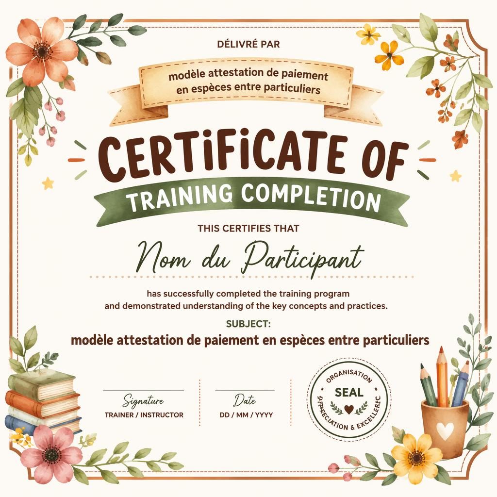 Certificat A4 paysage style scolaire ludique, bordure florale aquarelle, tons terre chauds, titre central, signature et date.