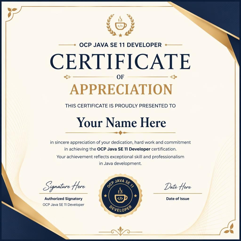 Landscape A4 appreciation certificate template in cream, gold, and navy with thin border, heading, signature lines, date, and seal.