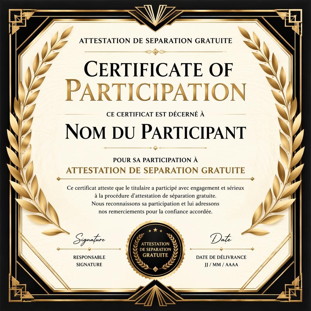 Certificat paysage A4 art déco noir et or, bordure de laurier, titre central, lignes de signature et sceau