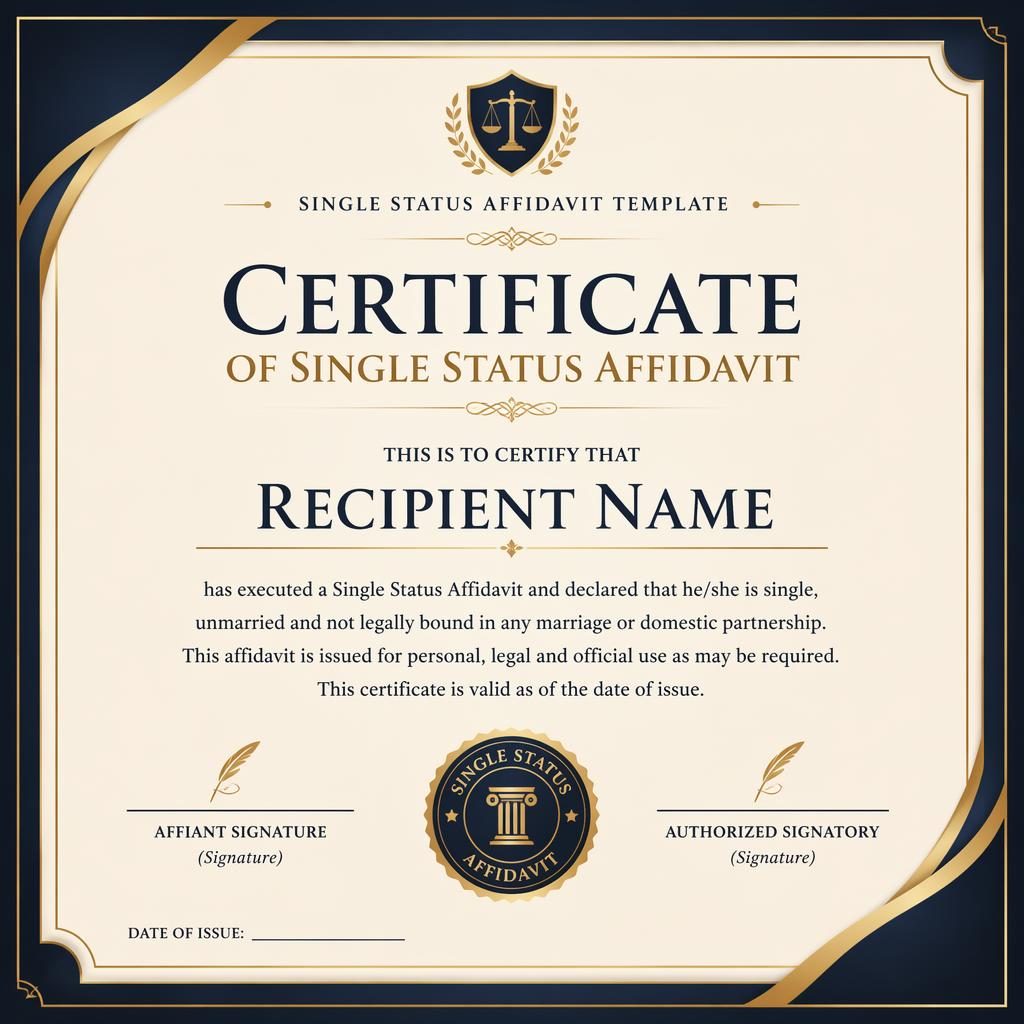 Luxury landscape A4 certificate template in black, gold, cream, and navy with thin border, heading, signature lines, and seal.