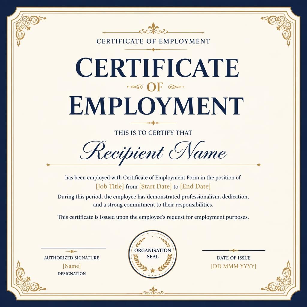 Landscape A4 volunteer recognition certificate template with ornate thin border in cream, gold, and navy, signature lines and seal.