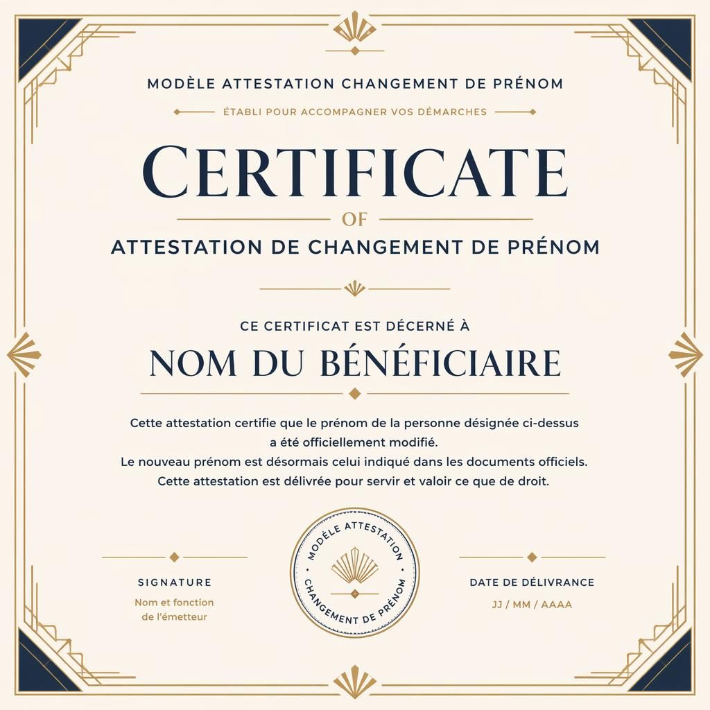 Certificat paysage A4 Art déco crème, or et bleu marine avec bord fin, titre central, signature, date et sceau