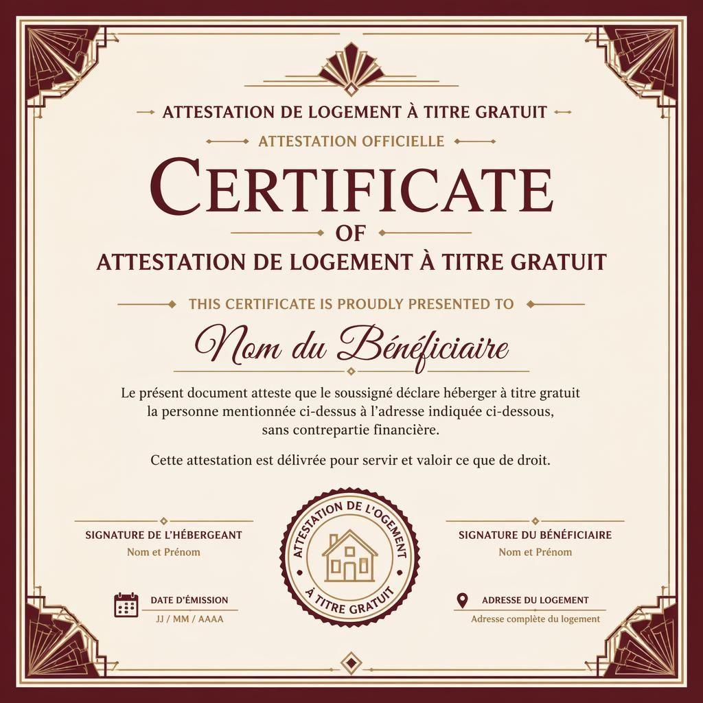 Modèle de certificat paysage A4 style Art déco, bordure double bordeaux, titre central, zones de nom, signature, date et sceau.