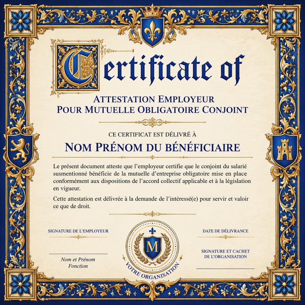 Modèle de certificat paysage A4 style enluminé médiéval, cadre bleu royal et or, titre central, lignes de signature et sceau.
