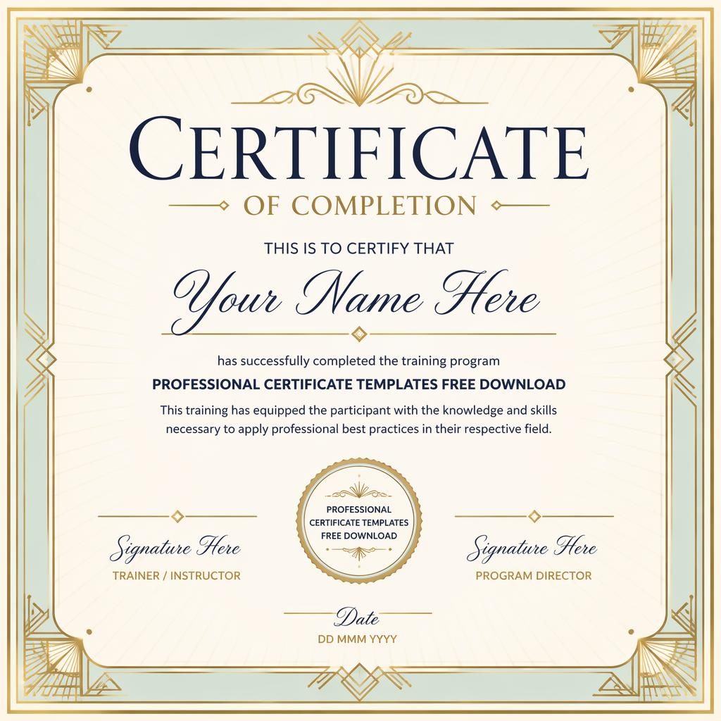 Landscape A4 training completion certificate template with art deco gold border, pastel palette, signature lines, date, and seal