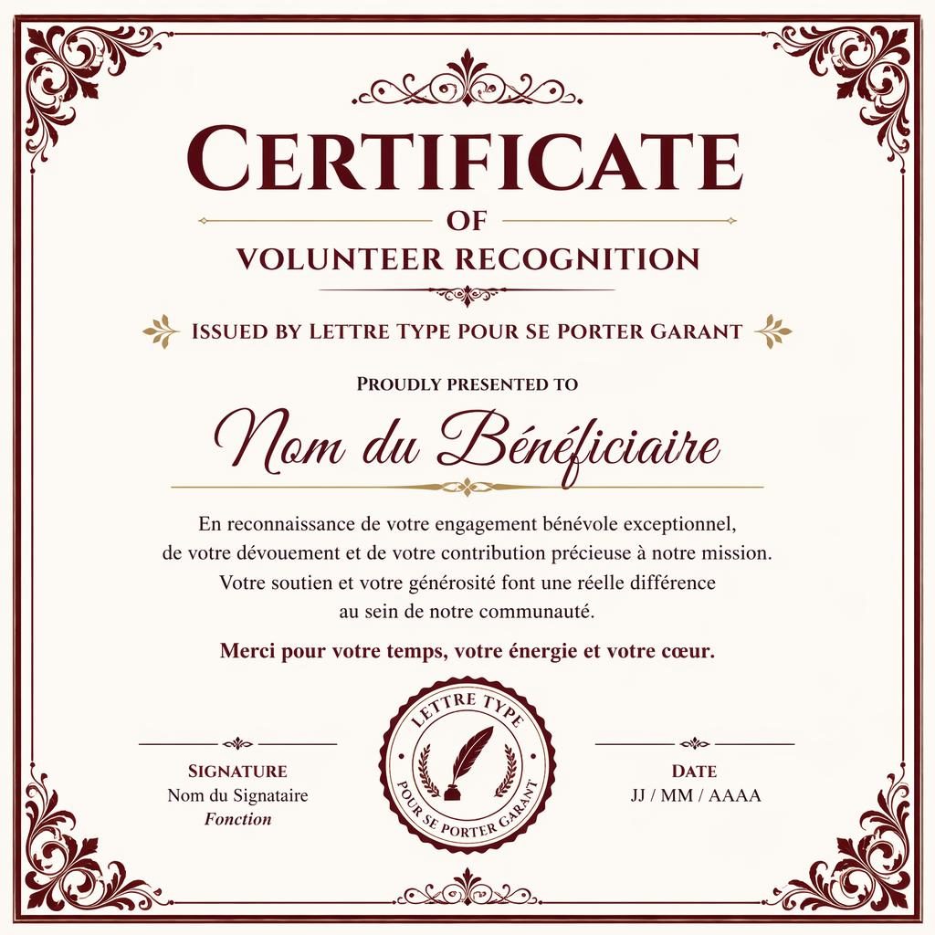 Certificat bénévole ornemental bordeaux en format A4 paysage, avec bordure double, signature, date et sceau