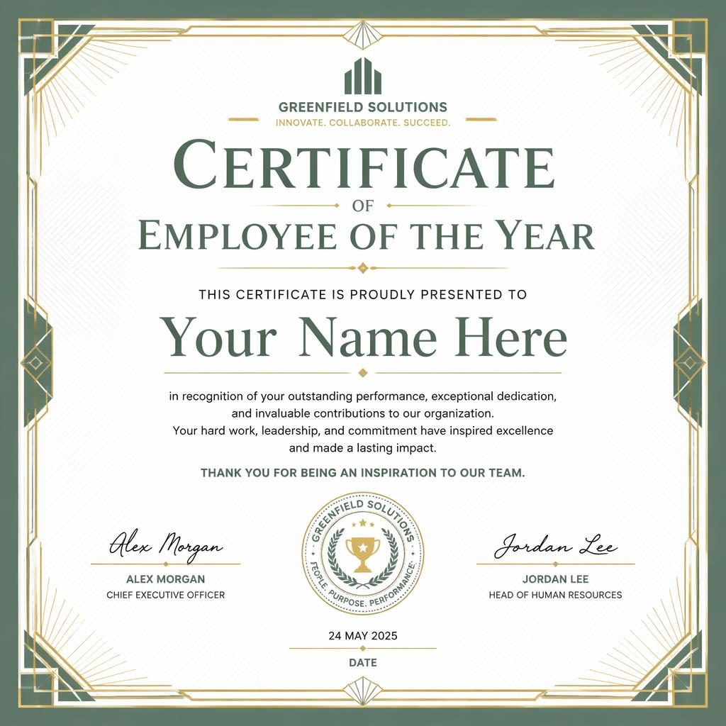 Landscape A4 employee of the year certificate template with art deco border, white and sage palette, signature lines