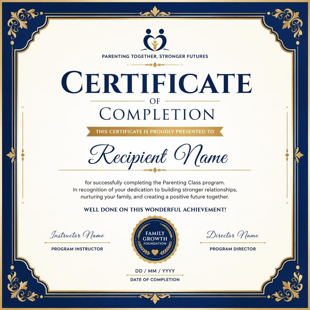 Modern minimal A4 landscape gift voucher certificate template with royal blue and gold frame, heading, name, signatures.