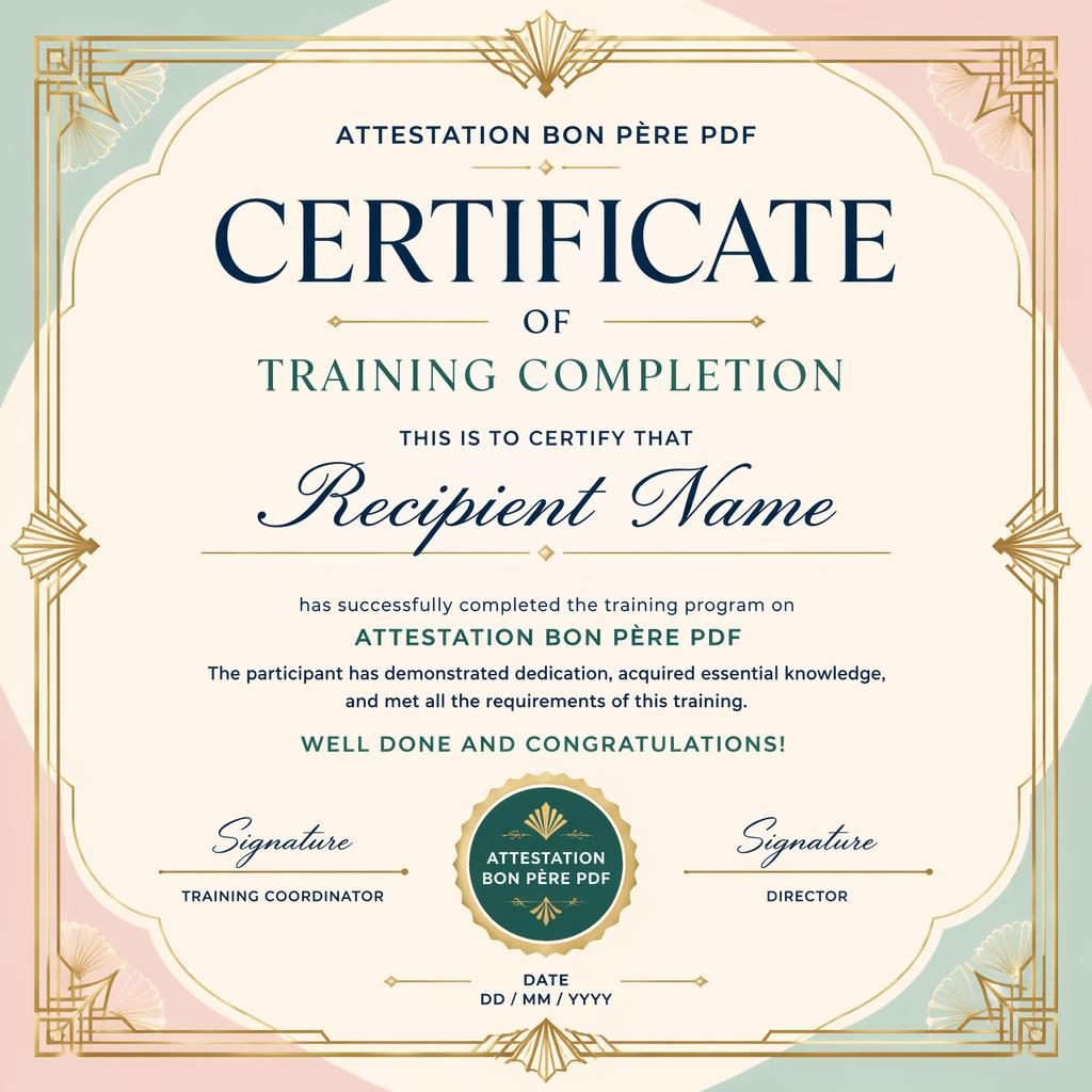 Modèle de certificat de formation A4 paysage, style art déco, bordure dorée, tons pastel, signature et sceau.