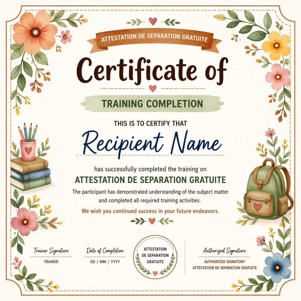 Modèle de certificat paysage A4 style scolaire, bord floral aquarelle, tons terre, signatures, date et sceau.