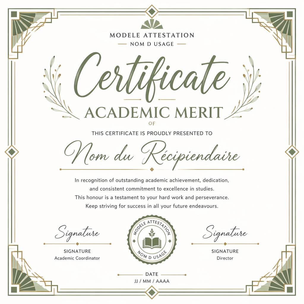 Template de certificat académique A4 paysage, palette blanc et vert sauge, bordure art déco et zones de signature