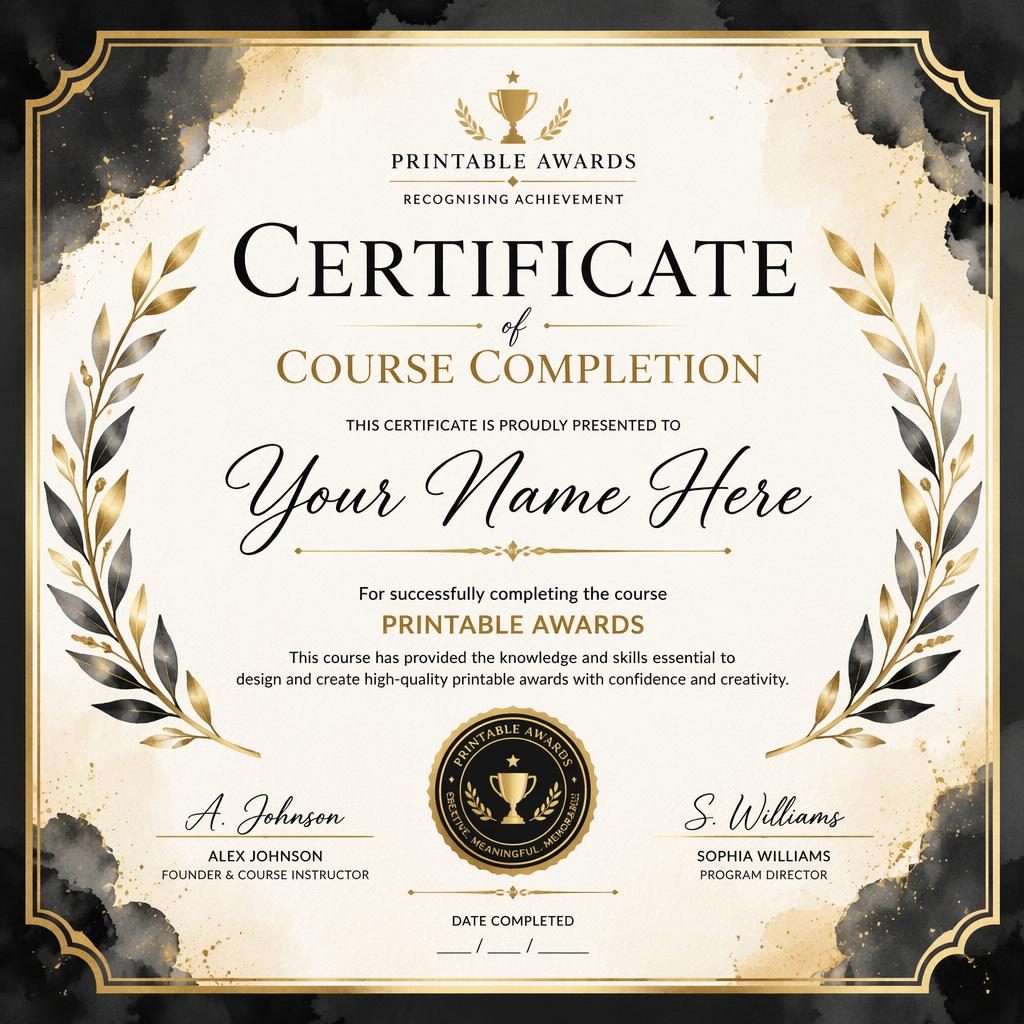Landscape A4 course completion certificate template with watercolor laurel border, black and gold accents, signature lines.