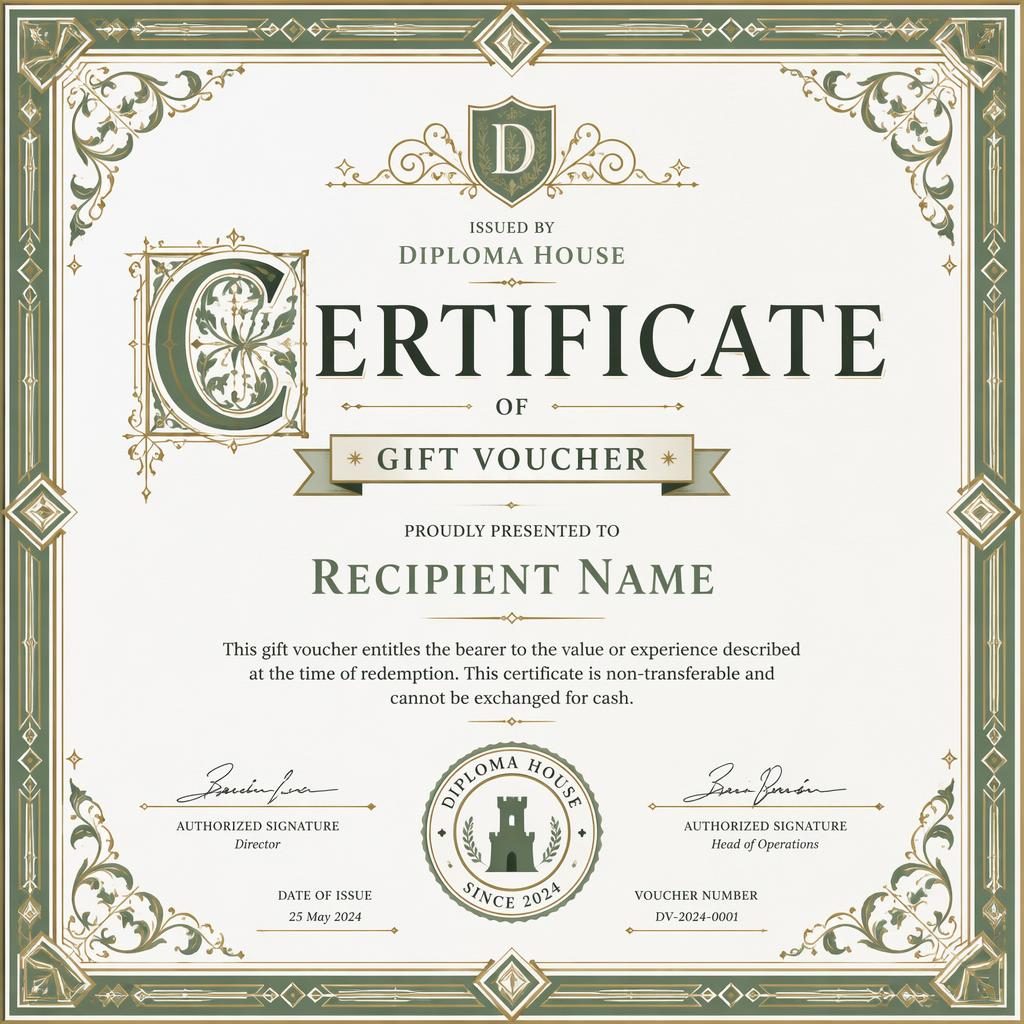 Landscape A4 gift voucher certificate in a diploma layout with medieval illuminated and art deco border in white and sage.