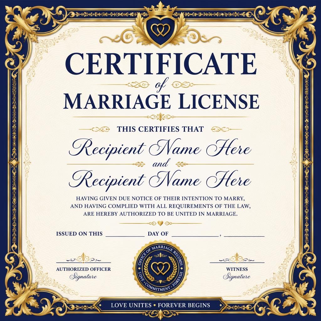 Classic ornate landscape A4 certificate template in royal blue and gold with decorative frame, heading, signature lines and seal.
