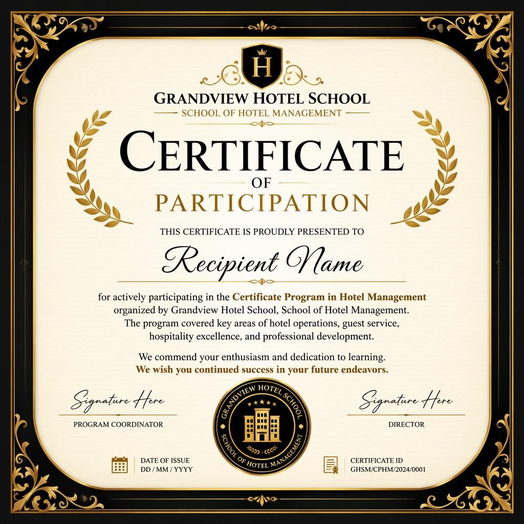 Classic ornate participation certificate template in black and gold with laurel border, signature lines, date, and seal.