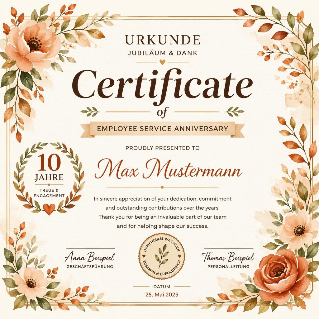 A4-Zertifikatsvorlage im Querformat mit floraler Aquarellbordüre, großer Überschrift, Namensfeld, Signaturlinien und Datum
