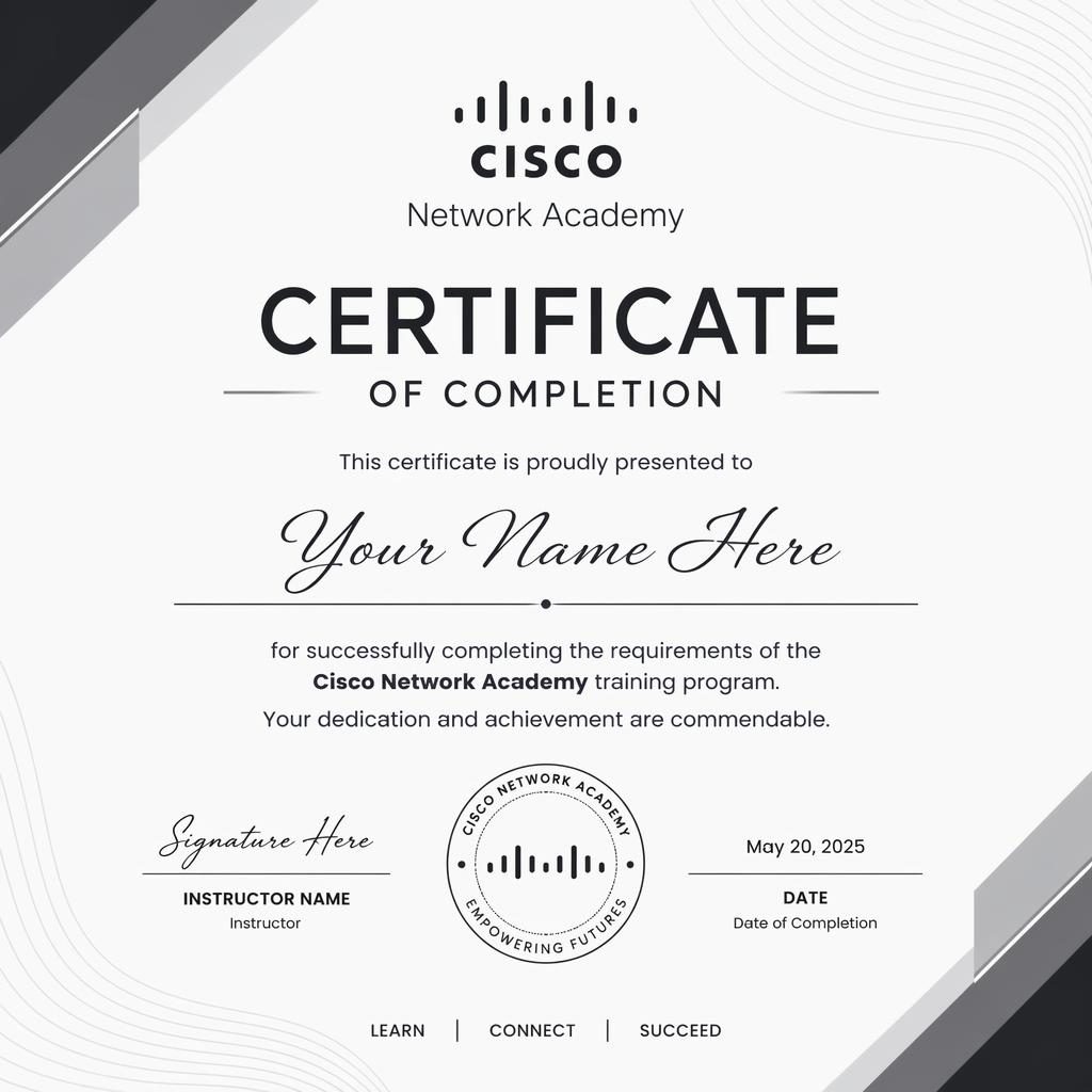 Modern minimal landscape A4 certificate template with heading, recipient name, body text, signature lines, date, and seal.